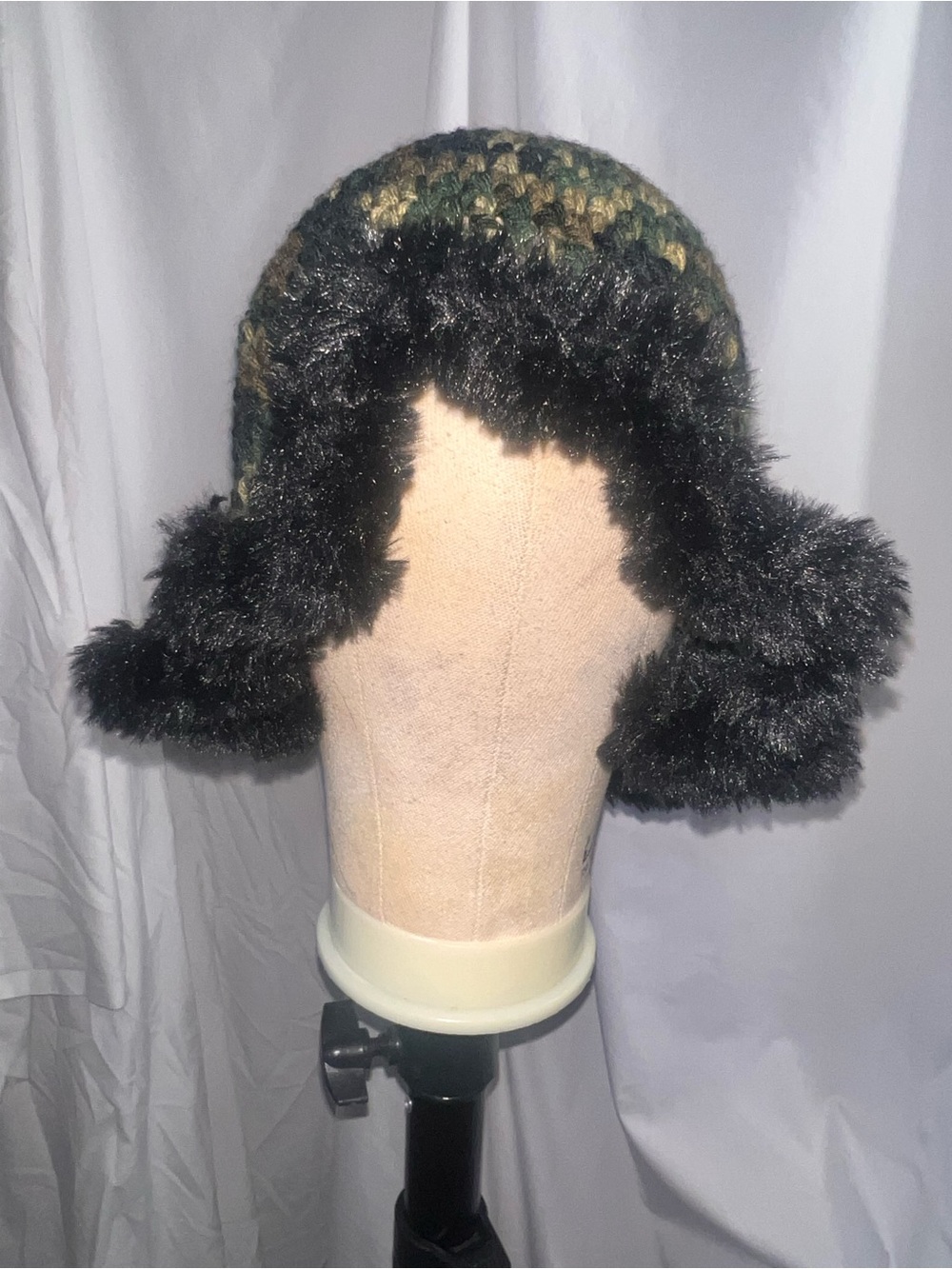 Handmade Crochet Camo Bucket Hat Faux Fur Trim